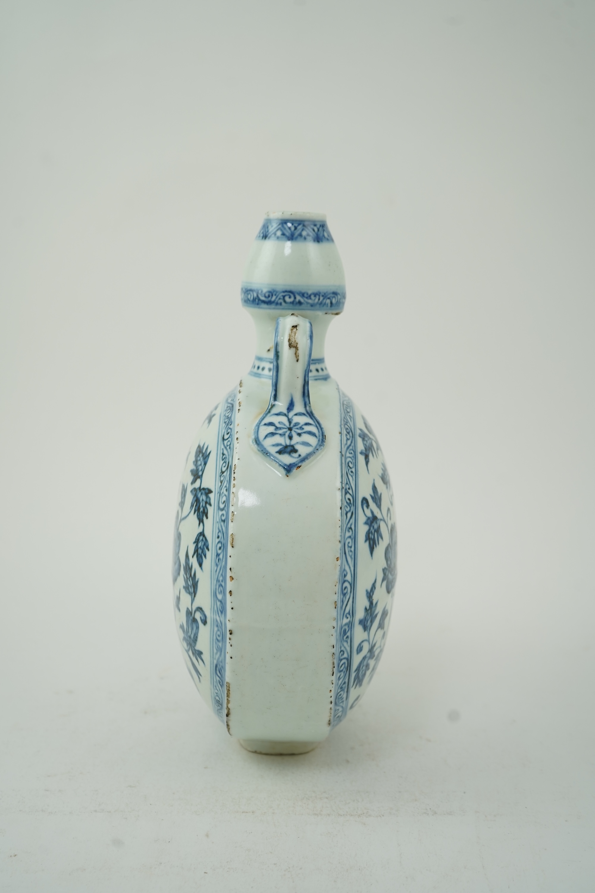 A Chinese blue and white moon flask, bianhu, in Ming style